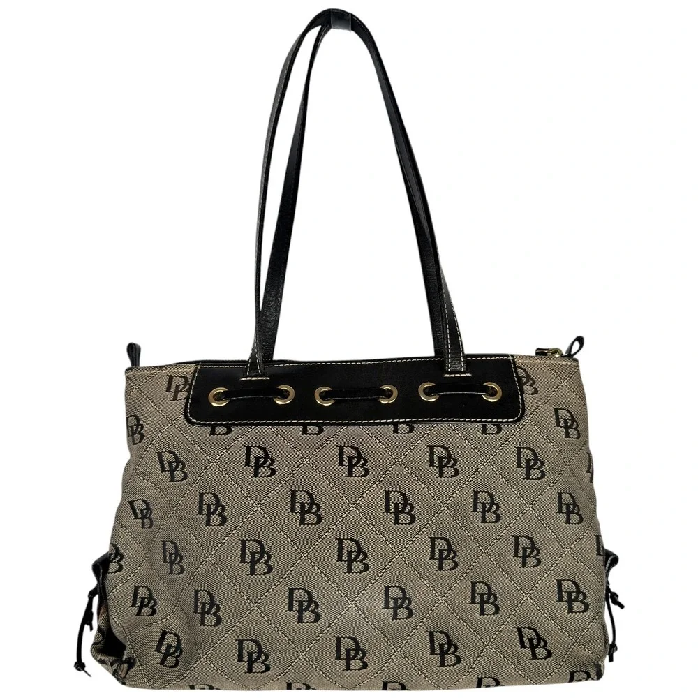 Dooney Bourke DB Signature Canvas Shoulder Tote Bag Black Leather Trim